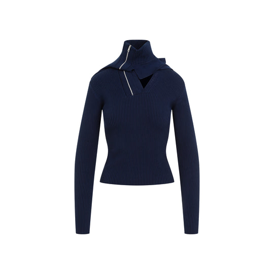 Navy-Blue Organic Cotton Pinched Shoulder Fitted Pullover