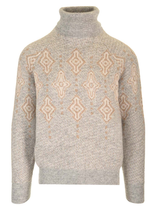 Geometric Jacquard Turtleneck Sweater Knitwear Beige