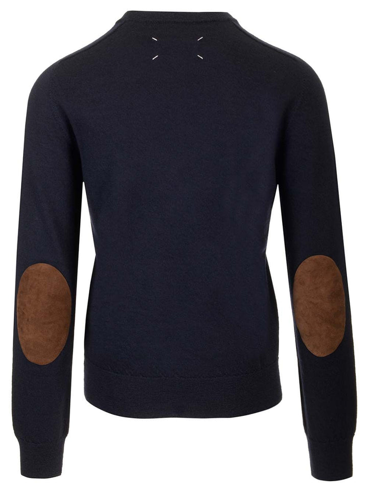 Maison Margiela Sweater With Suede Patches Knitwear - Blu | 43e03e8e44f6e10779bb1e4304c7671741dbe929