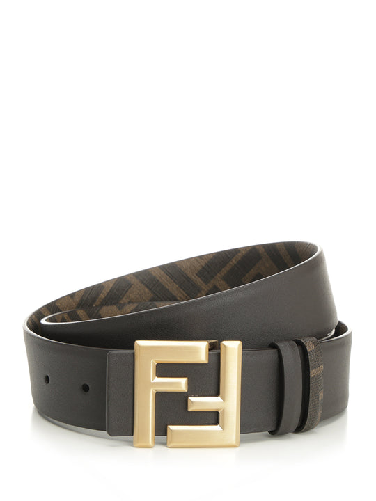 Reversible Belt With Thin Squared Ff Buckle Cinture Marrone