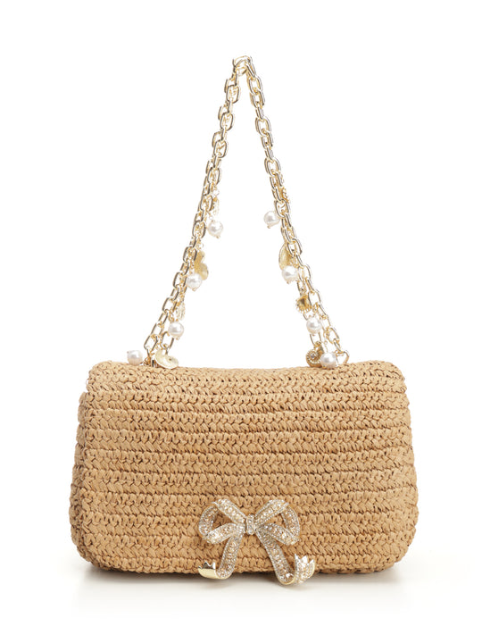 Raffia Bow Charm Shoulder Bag Handbags Marrone