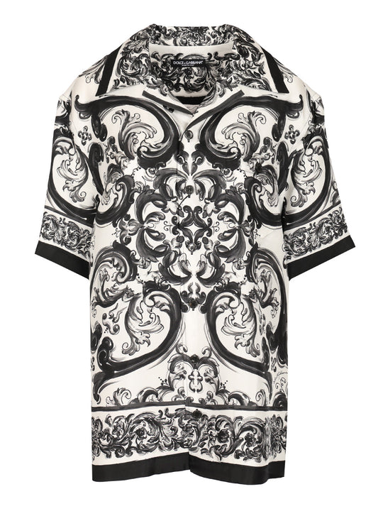 Hawaiian Shirt In Silk Twill With Maiolica Print Shirts Nero