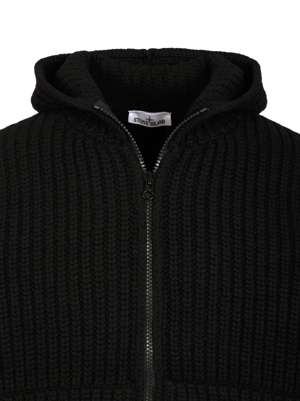 Stone Island Wool And Cashmere Hooded Cardigan Knitwear - Nero | 34ac6a51abba55dc17de1fa78157823f65c2d86a