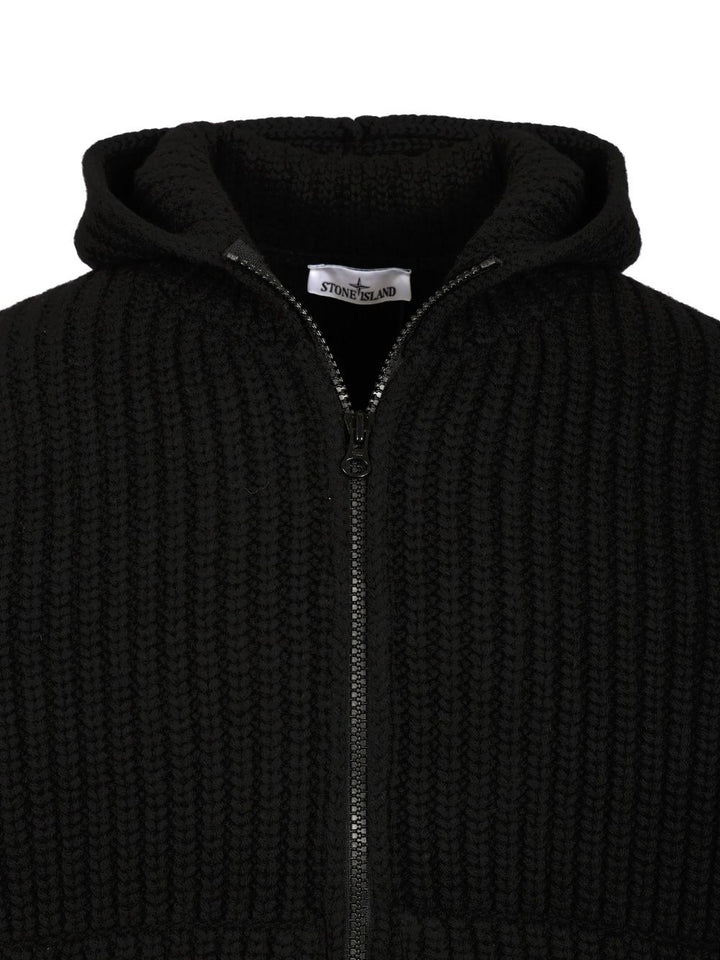 Stone Island Wool And Cashmere Hooded Cardigan Knitwear - Nero | 34ac6a51abba55dc17de1fa78157823f65c2d86a