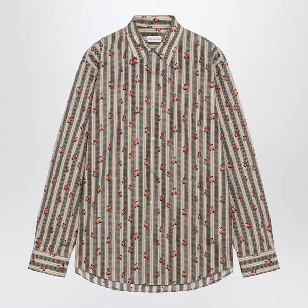 Beige Striped Cotton Shirt With Floral Print