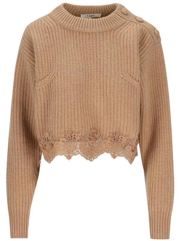 Pullover Corto Con Collo A Lupetto In Maglia Di Lana E Cashmere Con Pizzo