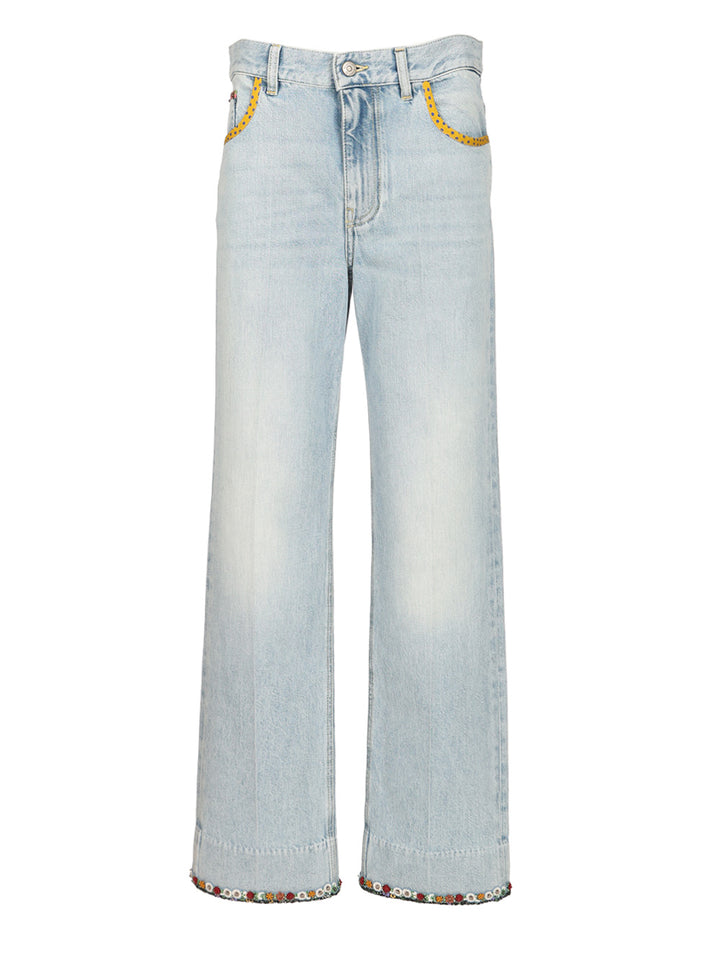 Valentino Garavani Denim Trousers With Embroidered Flower Trim Jeans - Blu | f25a16631bd2fe8dc5979648ab7d328e5a178dc9
