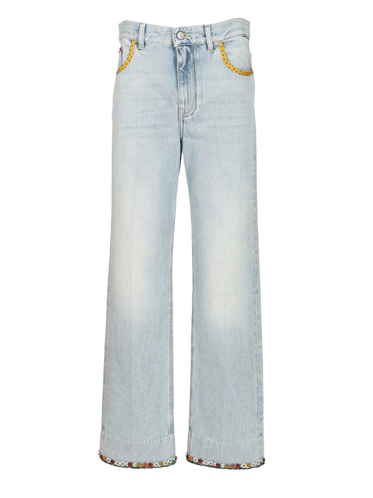 Denim Trousers With Embroidered Flower Trim Jeans Blu