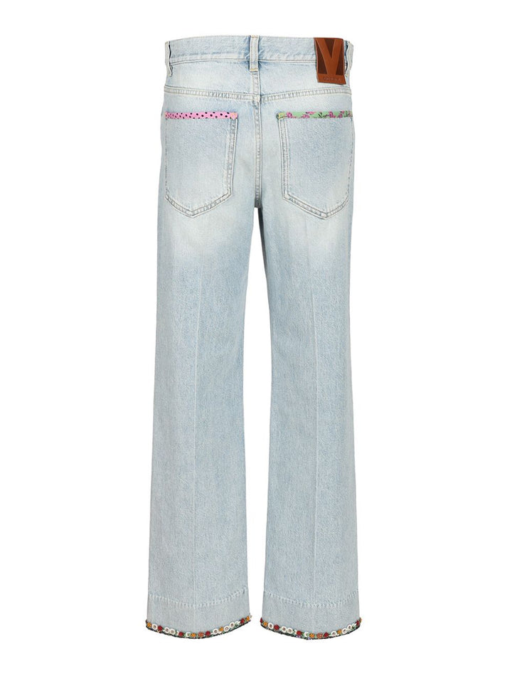 Valentino Garavani Denim Trousers With Embroidered Flower Trim Jeans - Blu | 192559f35e2a4aed1003cd07c3f961dae816b9b8