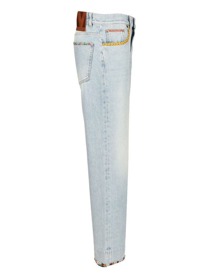 Valentino Garavani Denim Trousers With Embroidered Flower Trim Jeans - Blu | 5112cbb97dddf6b494d23b665d21ccc977422f10