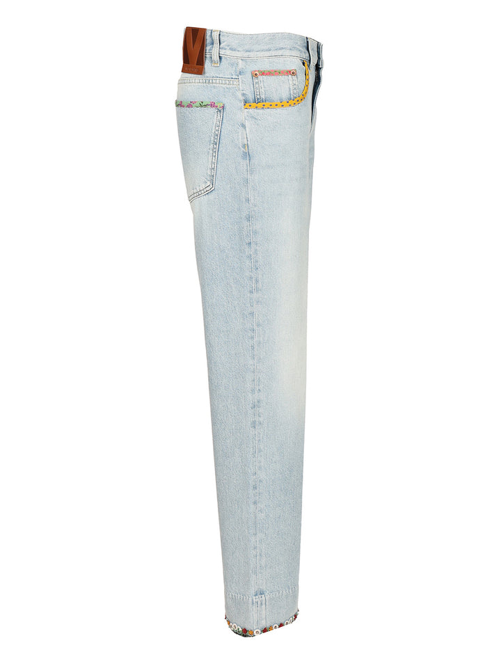 Valentino Garavani Denim Trousers With Embroidered Flower Trim Jeans - Blu | 5fd372fdae0957985e43a4bf8886bdf0b6fcb0ba