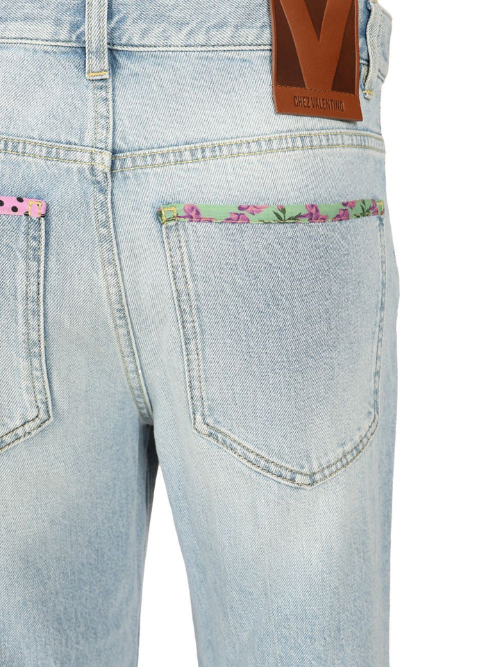 Valentino Garavani Denim Trousers With Embroidered Flower Trim Jeans - Blu | 4ba3ffe9bda02d22ee187fb199d15f4ca8dff195