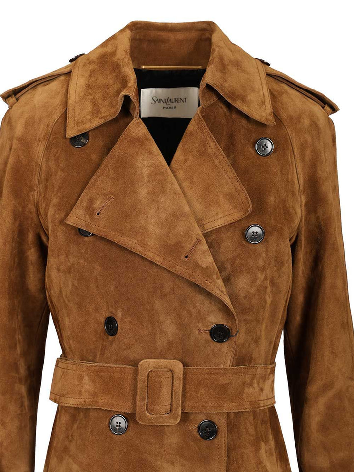 Saint Laurent Suede Trench Coat Coats - Marrone | ce0ceb6ed834bbca994193538d4494c2311b38ac