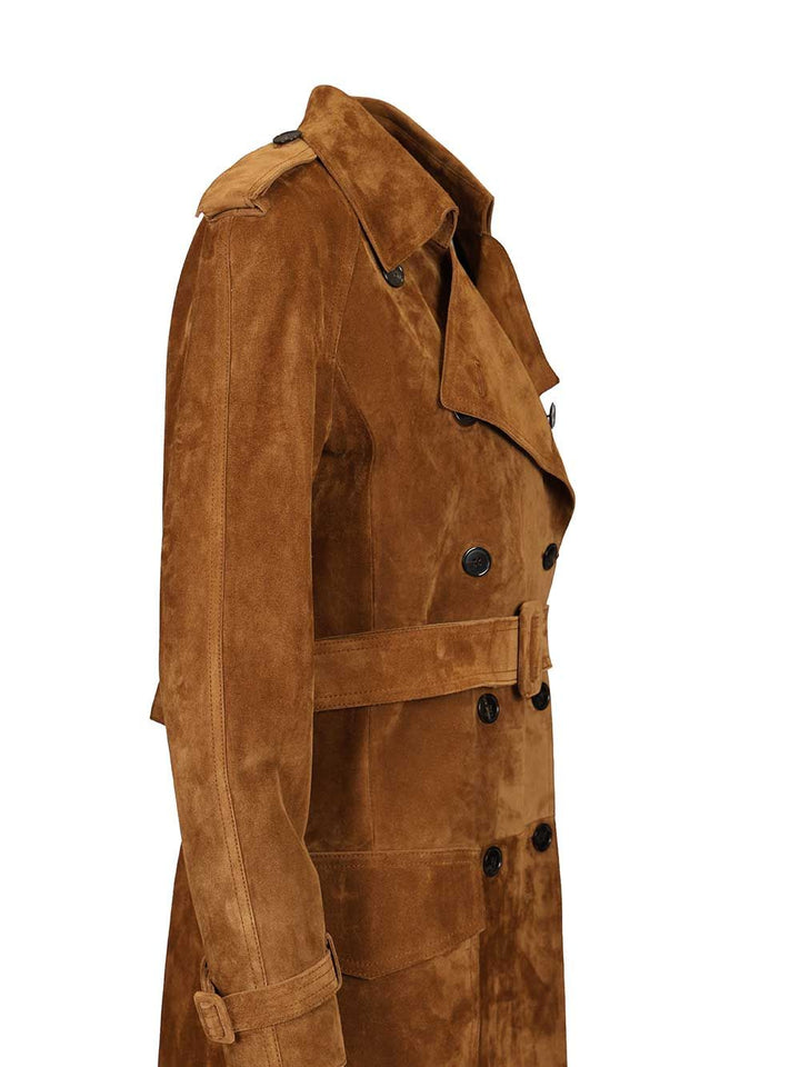 Saint Laurent Suede Trench Coat Coats - Marrone | bcfffd3086e844999aecbe51b0d33706c90822f2