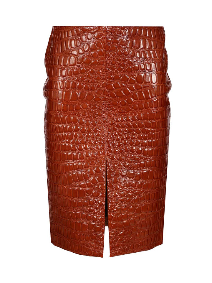 Saint Laurent Crocodile Embossed Leather Skirt Gonne - Marrone | bc2a90326efe234044274cbabd943056fdc6298d
