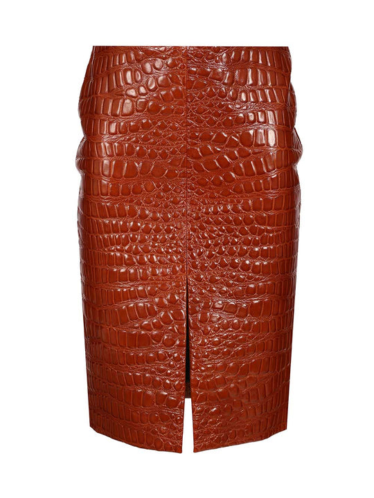 Crocodile Embossed Leather Skirt Gonne Marrone