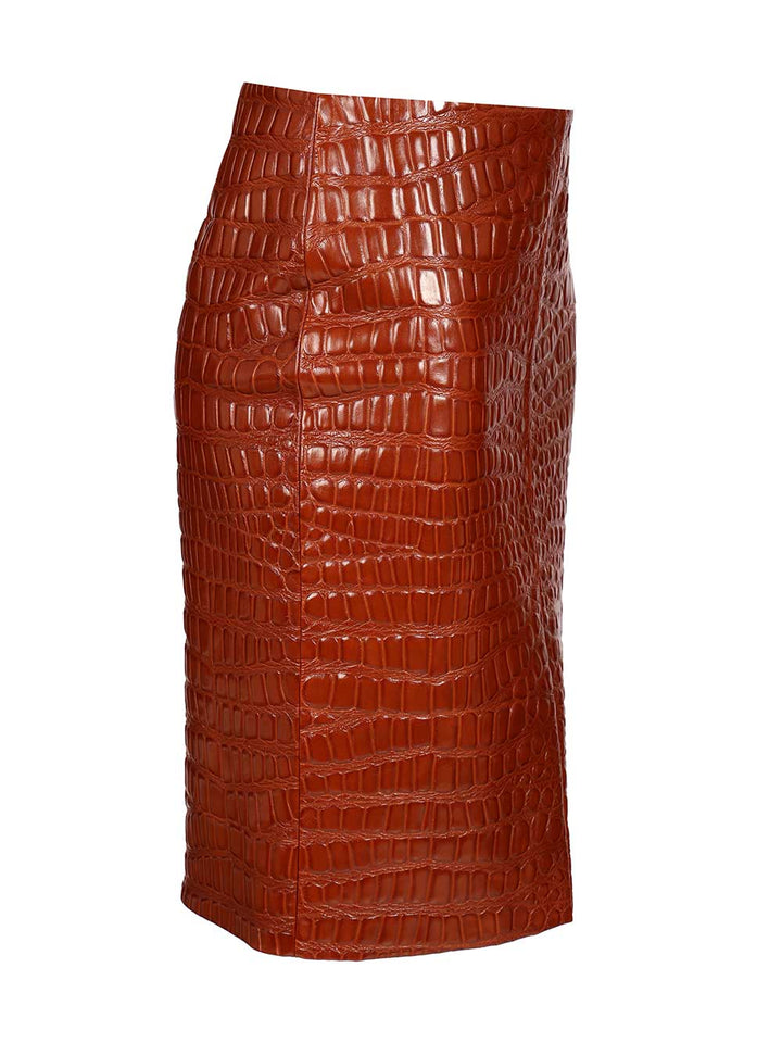 Saint Laurent Crocodile Embossed Leather Skirt Gonne - Marrone | 2af746a0150cf03b7ee9751221110e453bff2623