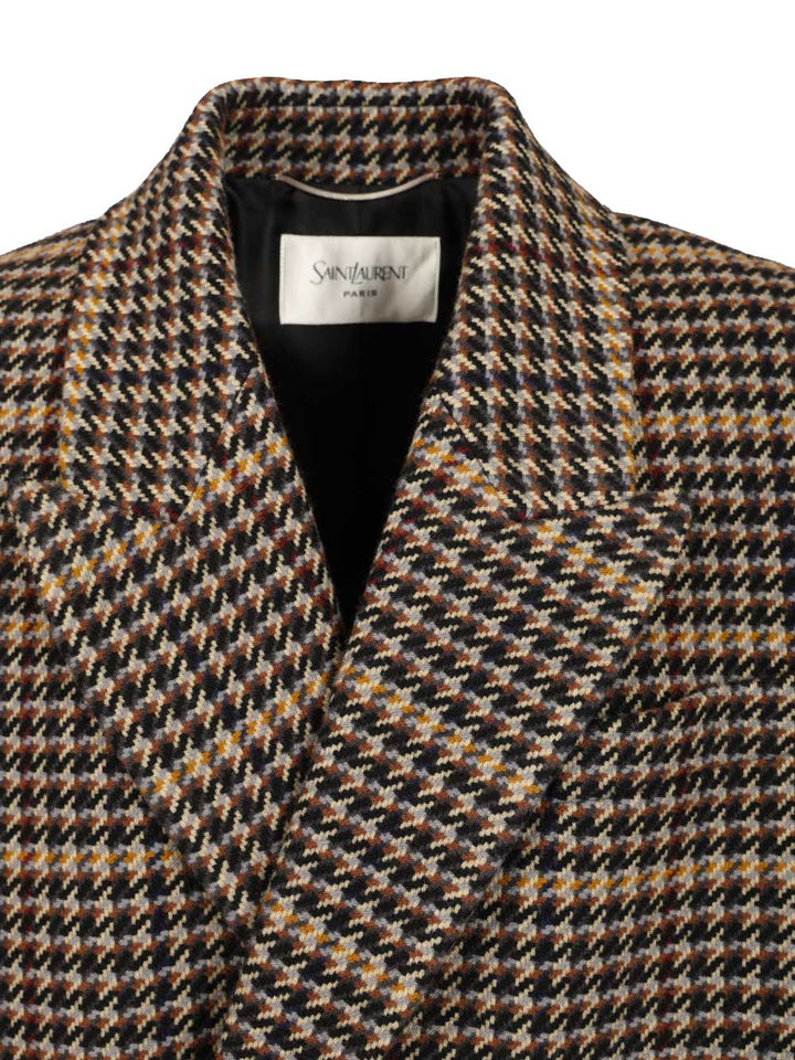 Saint Laurent Long Checked Wool Coat Coats - Multicolor | 879eb9b47f1b9b9eaeeb74dca9134bb4f62b43a9