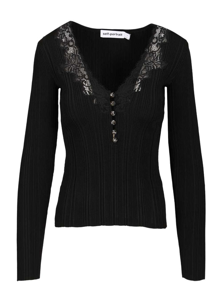 Self-Portrait Knitted Top With Lace Top - Nero | 4ff9c1a250c8d79ca5b3aae7f4e9b9546b419daa