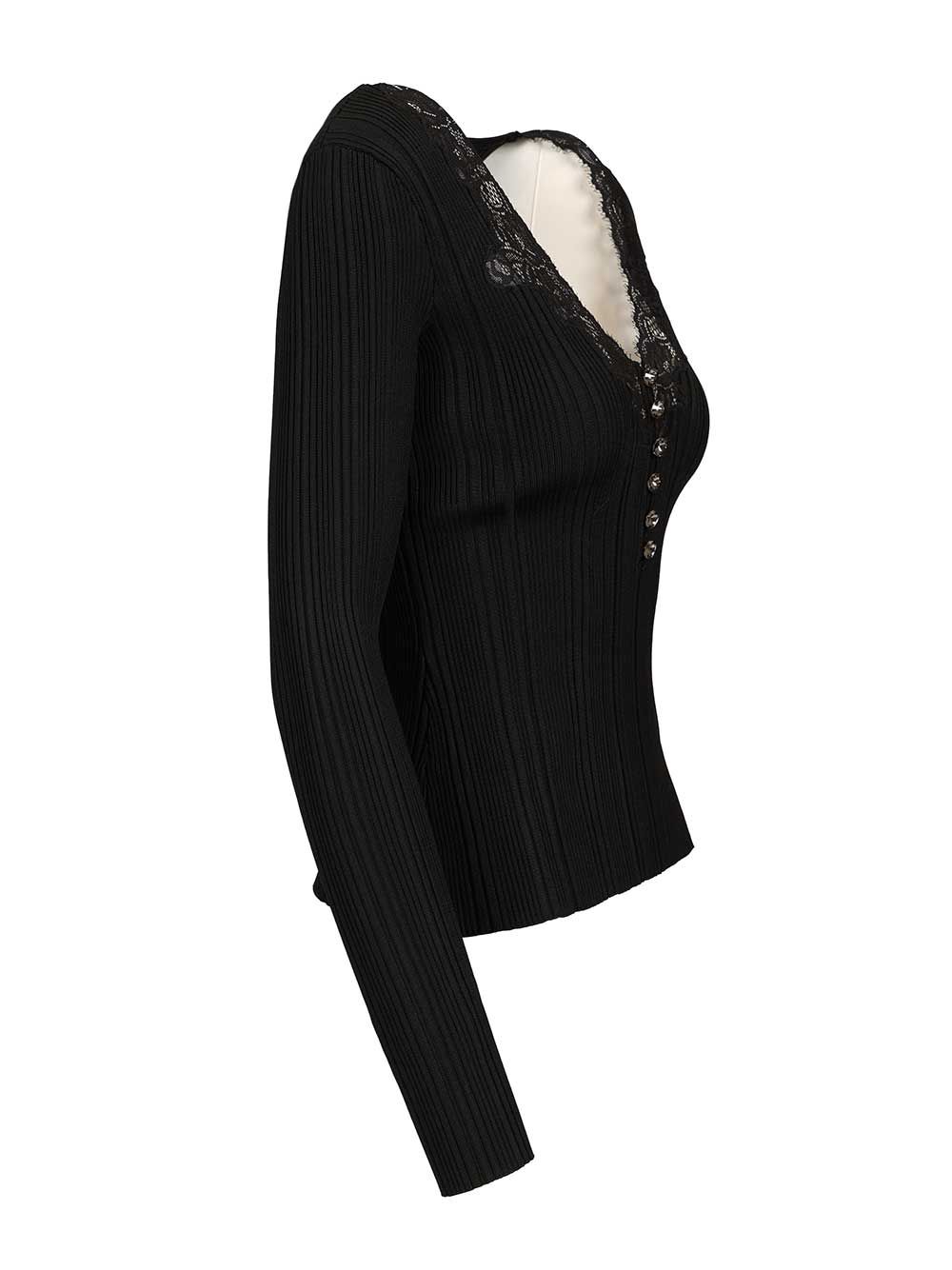 Self-Portrait Knitted Top With Lace Top - Nero | 130b8d4117b7b6d93f42c004705c4efb30bb1fbe