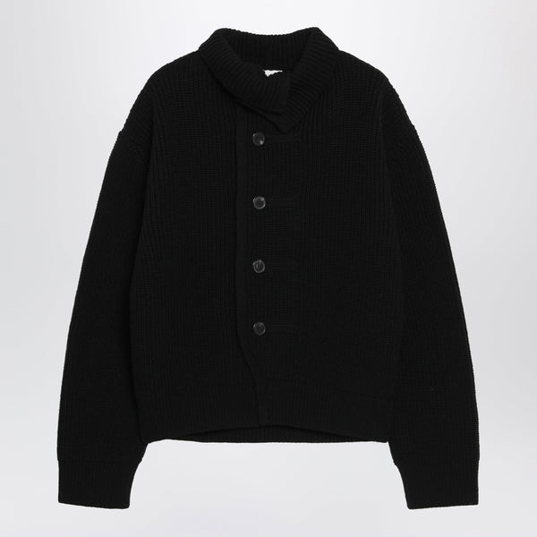 Black Waffle-Knit Wool Cardigan