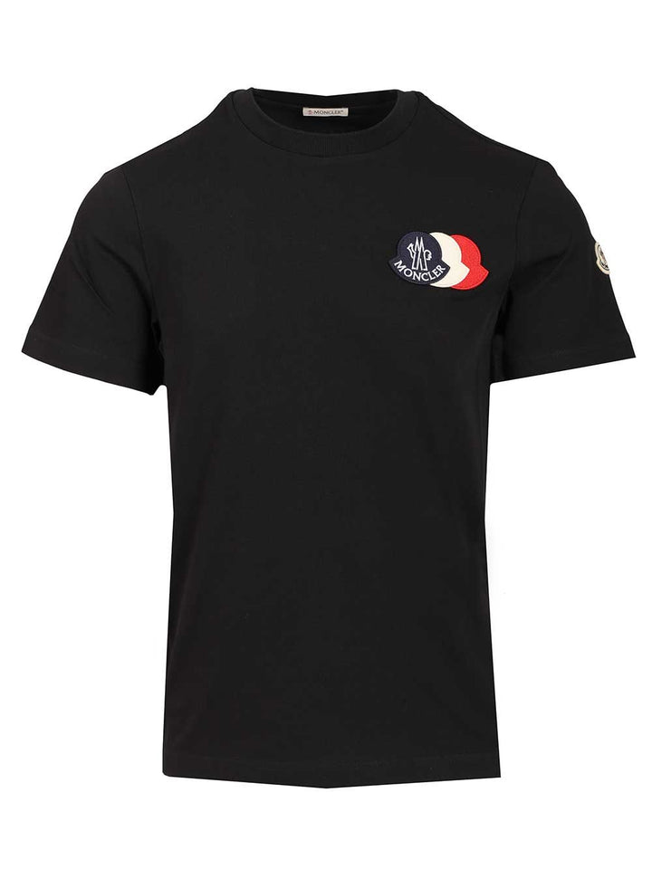 Moncler With Embroidered Tricolour Logo T-Shirt - Blu | 0405bbf50ae62f0019e55bdfa59c5c314e3c56c4
