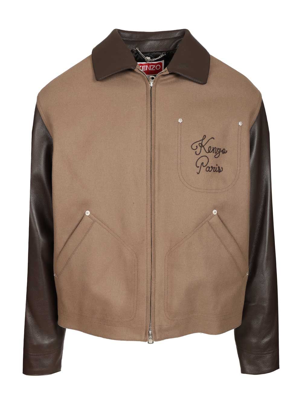 Kenzo Leather-Sleeved Embroidered Jacket Giacche - Beige | 0a098c94e86f6c043985fff7a555bcf4f4a8173d