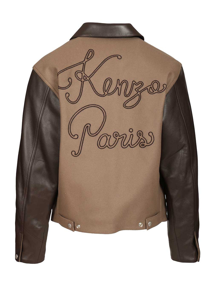 Kenzo Leather-Sleeved Embroidered Jacket Coats - Beige | 6f8f020fc27f2cd17cd6eac8045a4ea5ec01ee80