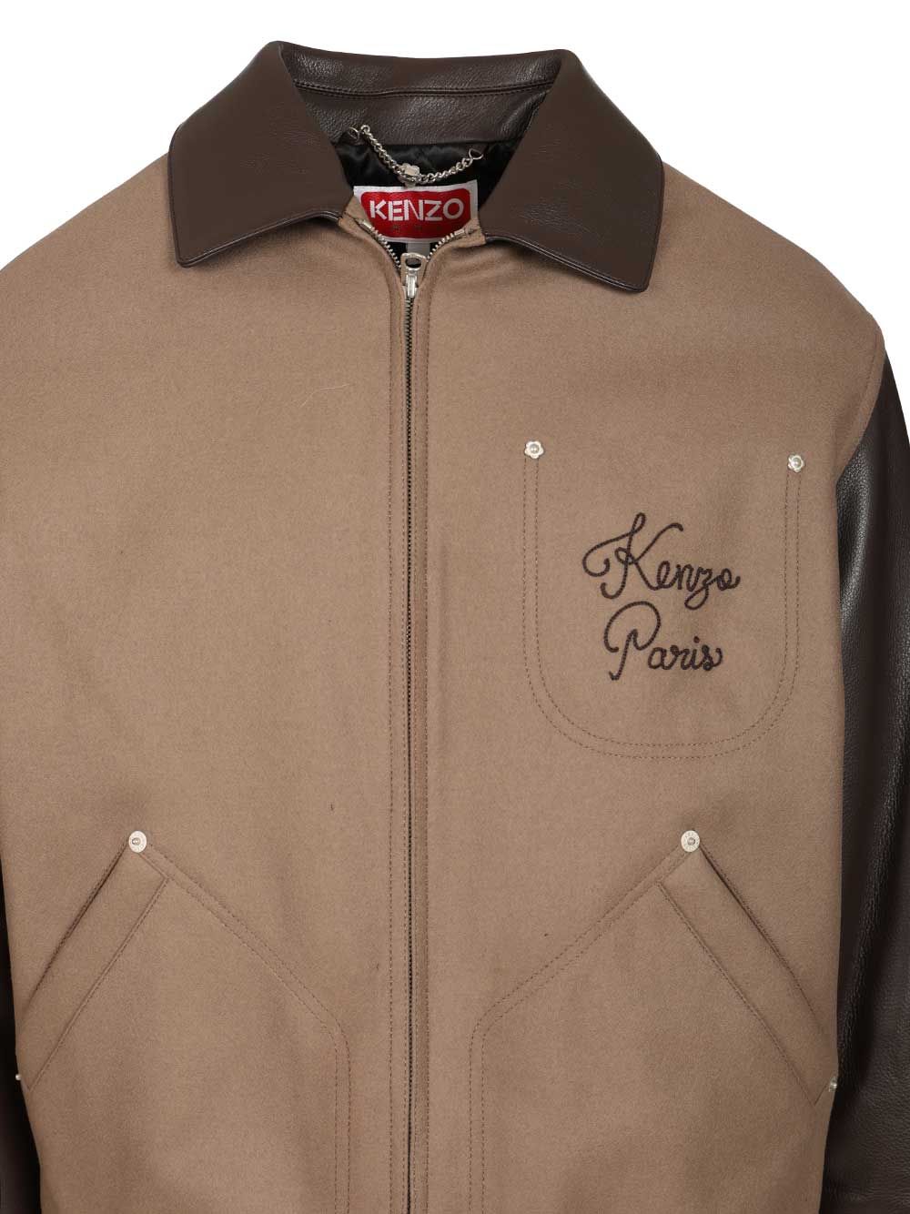 Kenzo Leather-Sleeved Embroidered Jacket Giacche - Beige | 6a3250db875ad395f335c24b1054f9b80564678b