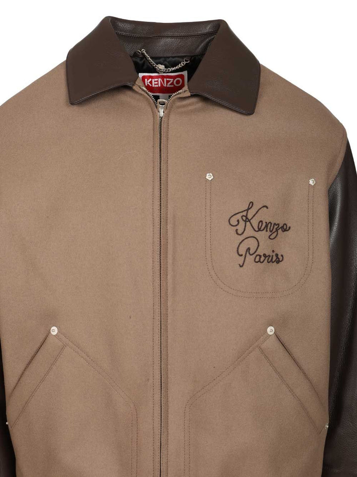 Kenzo Leather-Sleeved Embroidered Jacket Giacche - Beige | 6a3250db875ad395f335c24b1054f9b80564678b
