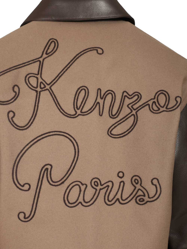Kenzo Leather-Sleeved Embroidered Jacket Coats - Beige | fe2f1e0faf0eb4a6e4feac02530abecdeee3645e