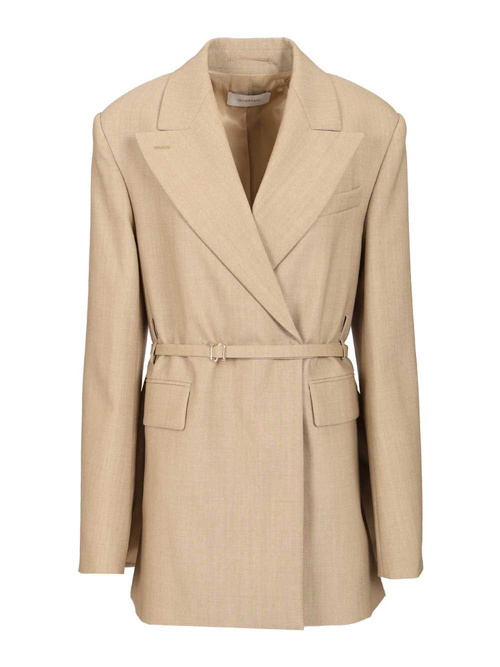 Sportmax Long Double-Breasted Wool Blazer Giacche - Beige | 70d87e23db9ca4fc2569f91238c1269f92a17866