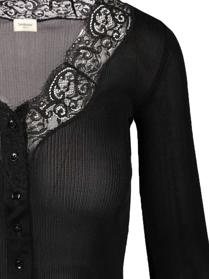 Saint Laurent Silk And Lace Cardigan Knitwear - Nero | f1879287151d32b19efc91e7f4186621514afca6