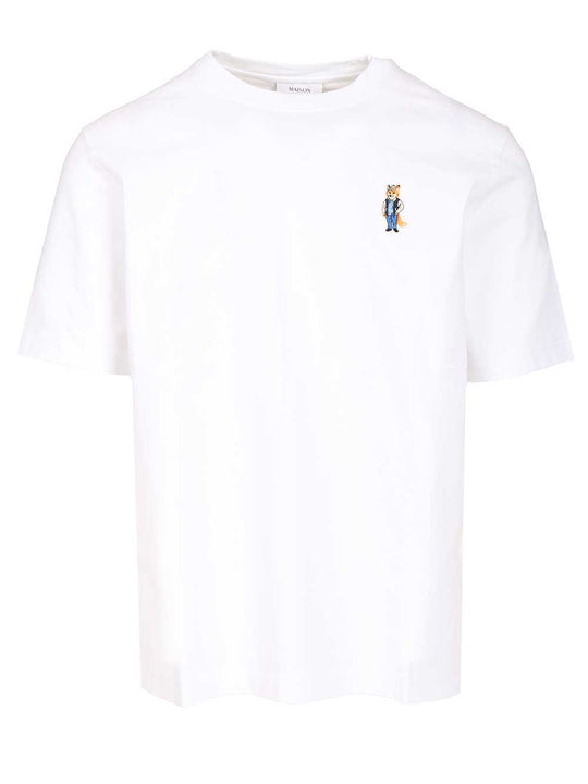 With Dressed Fox Embroidery T-Shirt Bianco