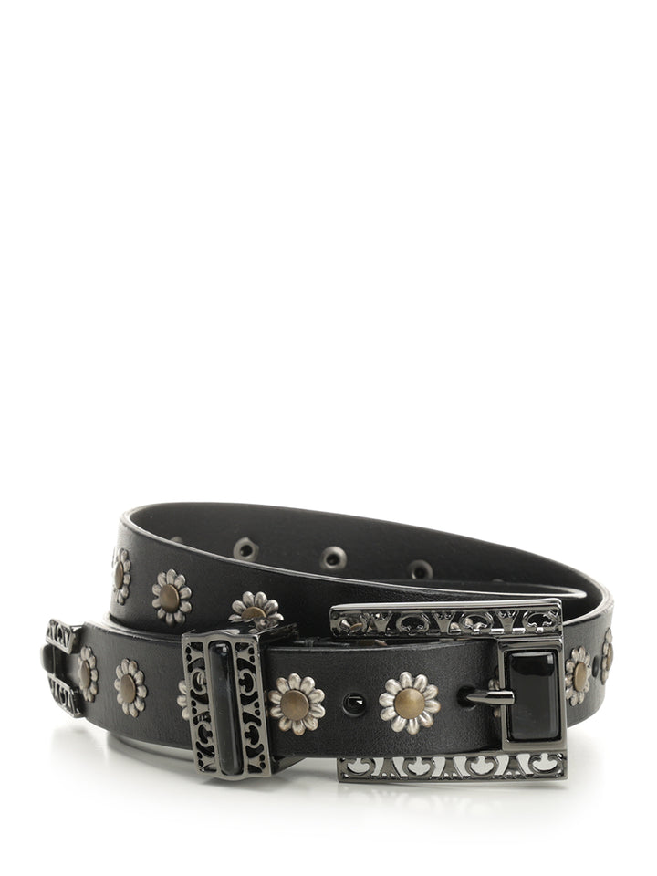 Golden Goose Deluxe Brand Leather Belt With Floral Studs Cinture - Nero | 01818a25830f3560a3ba8adb572f11d163318979