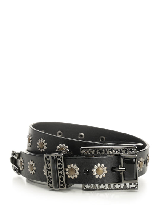 Leather Belt With Floral Studs Cinture Nero