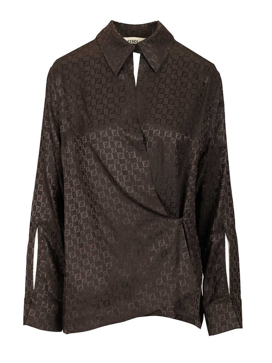 Ff Jacquard Silk Shirt Top Marrone