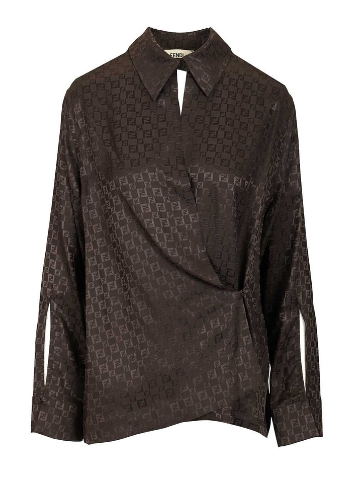Fendi Ff Jacquard Silk Shirt Top - Marrone | 683732fd0ef4d5b046e346cb73fbdd74a8c7a035