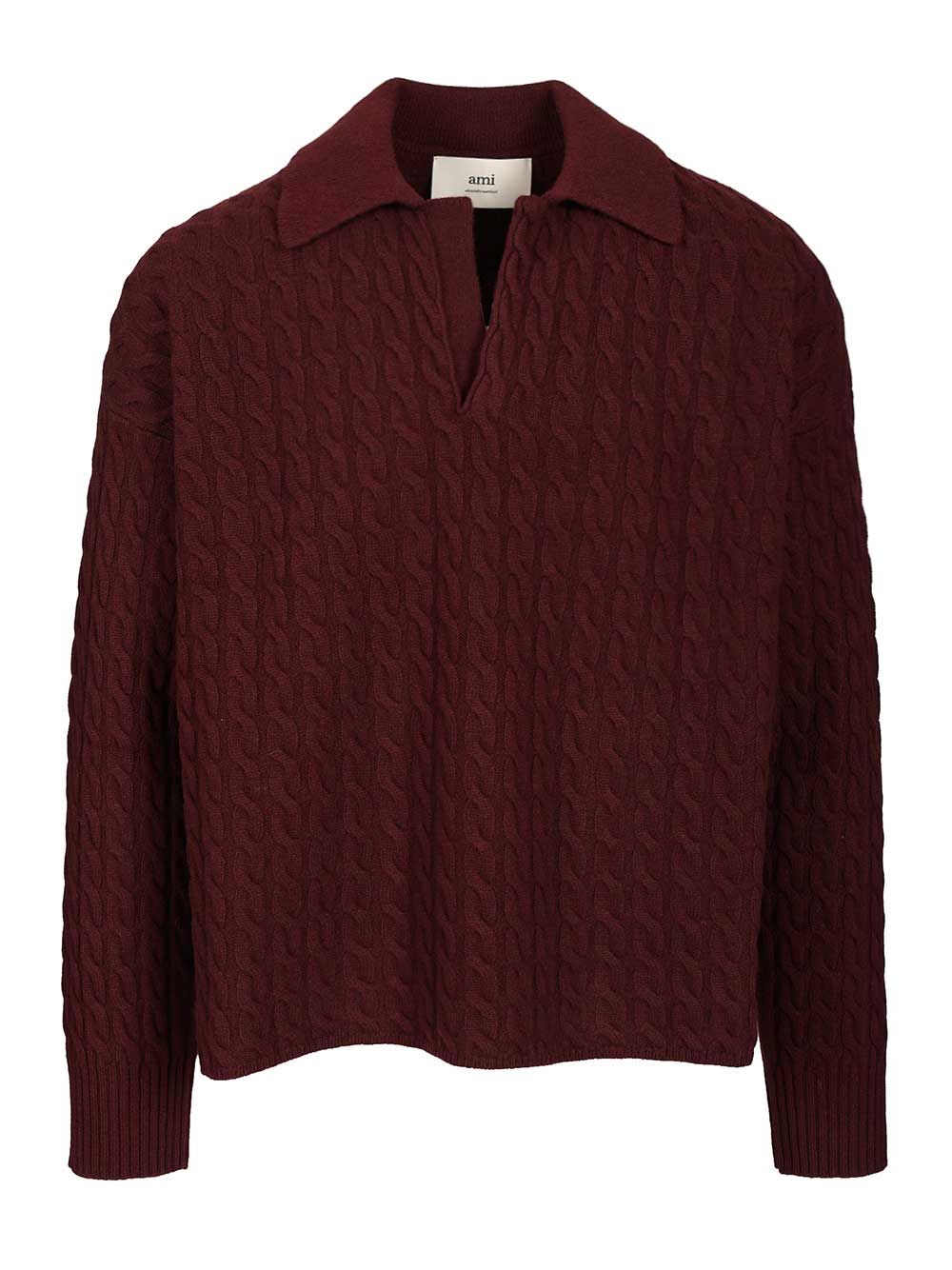 Ami Cable-Knit Polo Shirt Knitwear - Bordeaux | 36e19f55942e719c745f59d9a391083f628ac150