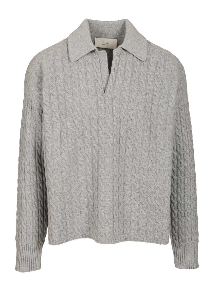 Ami Cable-Knit Polo Shirt Knitwear - Grey | dcf13f78fb63bea1489de727c9f41b19824d13f3