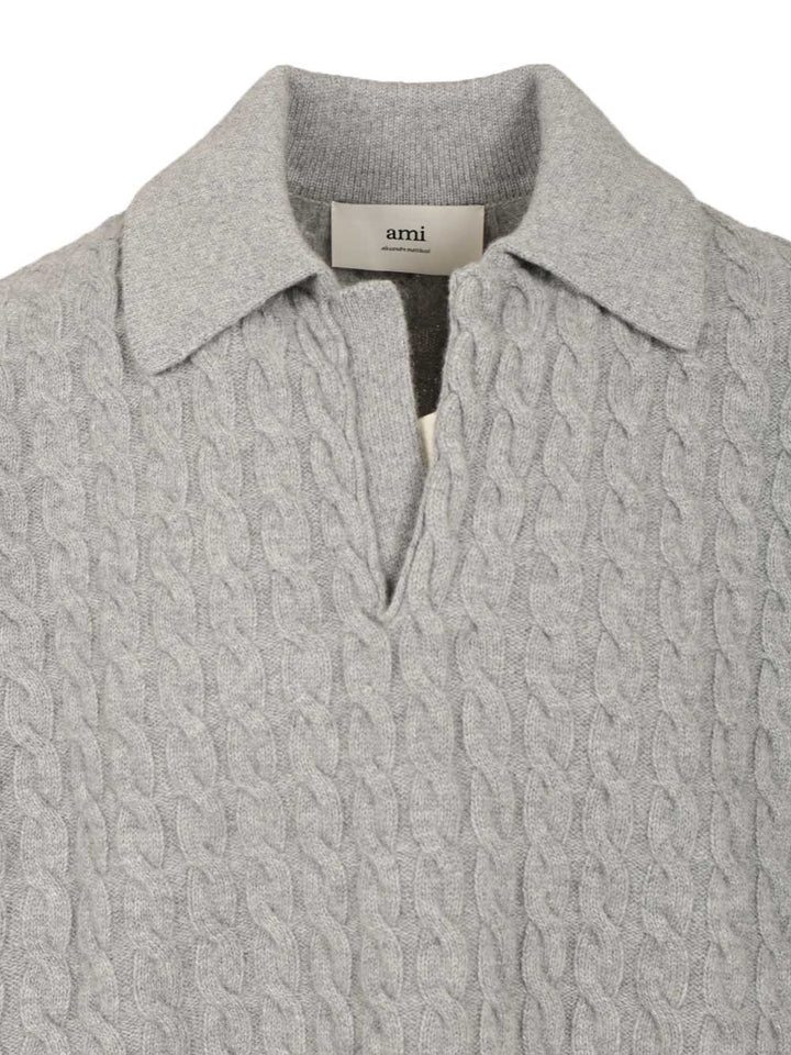 Ami Cable-Knit Polo Shirt Knitwear - Grey | 94d83f7425c5c3c067ca8d66db14bf83735ce41e