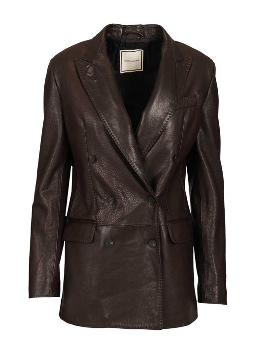 Josie Double-Breasted Lambskin Blazer Leather Jackets Marrone