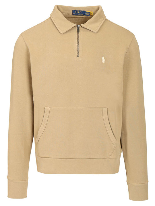 Cotton Loopback Zip-Up Sweatshirt Knitwear Beige