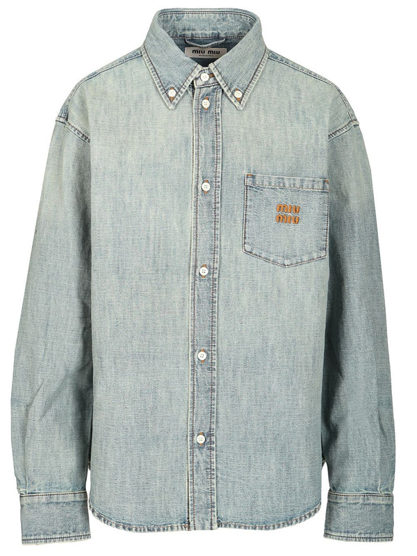 Long-Sleeved Chambray Denim Shirt Casual Light Blue