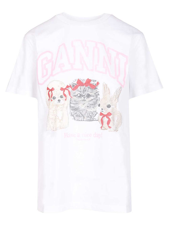Basic Cotton Jersey Cute Animals T-Shirt Bianco