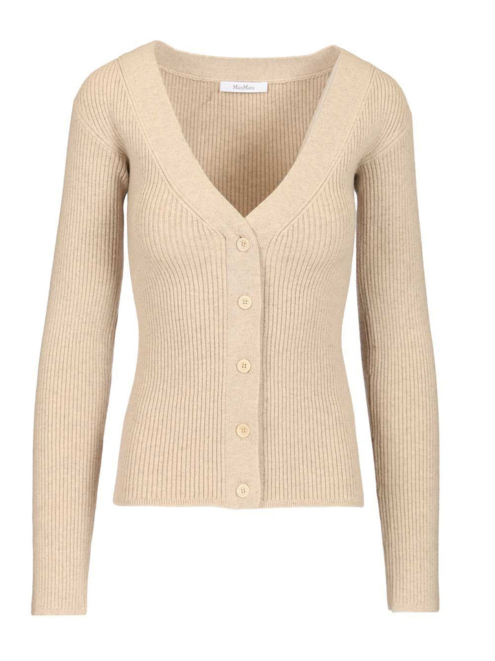 Max Mara Gioiosa V Neck Ribbed Cardigan Wool Cashmere Knitwear - Beige | 8273de24a8f3a6ce52bfe5a197b368306f4008ae
