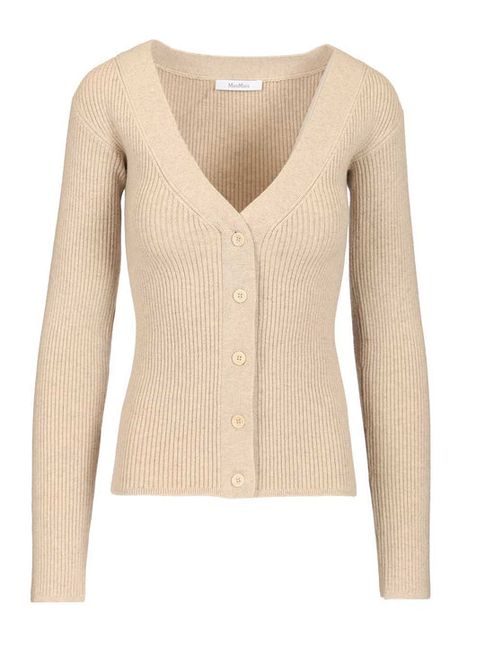 Gioiosa V Neck Ribbed Cardigan Wool Cashmere Knitwear Beige