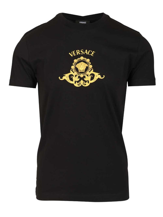 Compact Cotton Jersey Fabric + Medusa Crest Print T-Shirt Nero