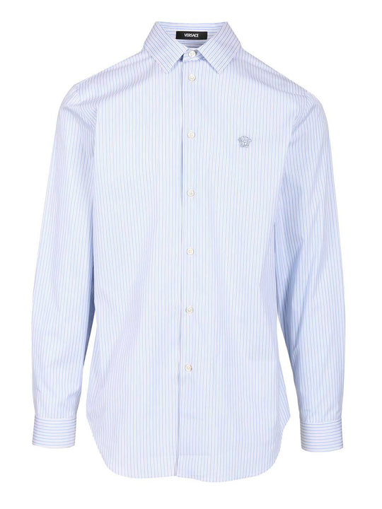 Informal Shirt Striped Poplin + Medusa Embroidery Shirts Light Blue