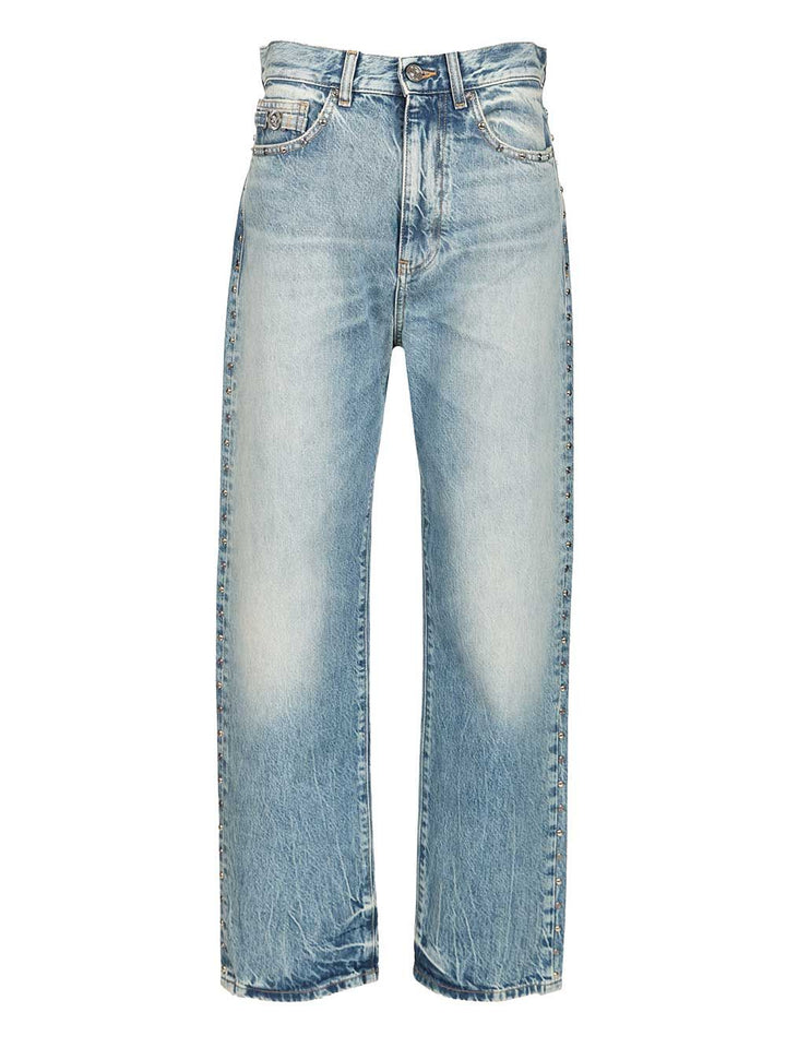 Versace Pant Denim Stop Denim And Studs + Stone Wash Light Blue Jeans - Blu | 4e0c20fe7d610521876f13cfaad23e1e9056f628